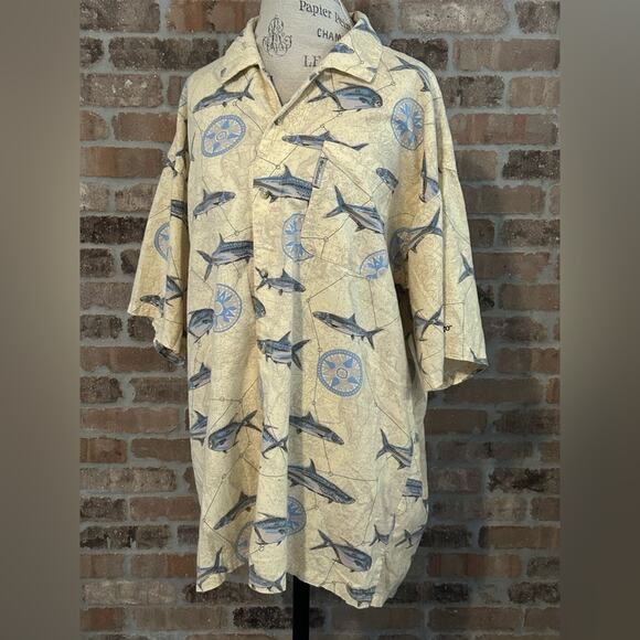 Vintage Columbia Men's Short Sleeve Shirt Fish compass Map Print Size XL cream - Picture 1 of 9